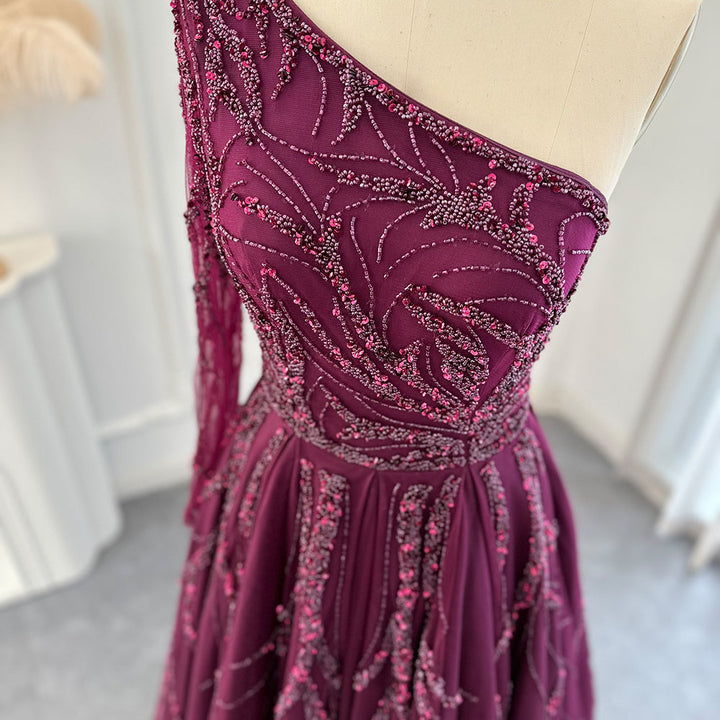 Dreamy Vow Luxury Dubai One Shoulder Fuchsia Evening Dresses for Women Wedding Elegant Arabic Long Sleeve Formal Gowns SS409-DreamyVow