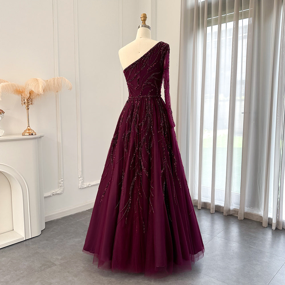 Dreamy Vow Luxury Dubai One Shoulder Fuchsia Evening Dresses for Women Wedding Elegant Arabic Long Sleeve Formal Gowns SS409-DreamyVow