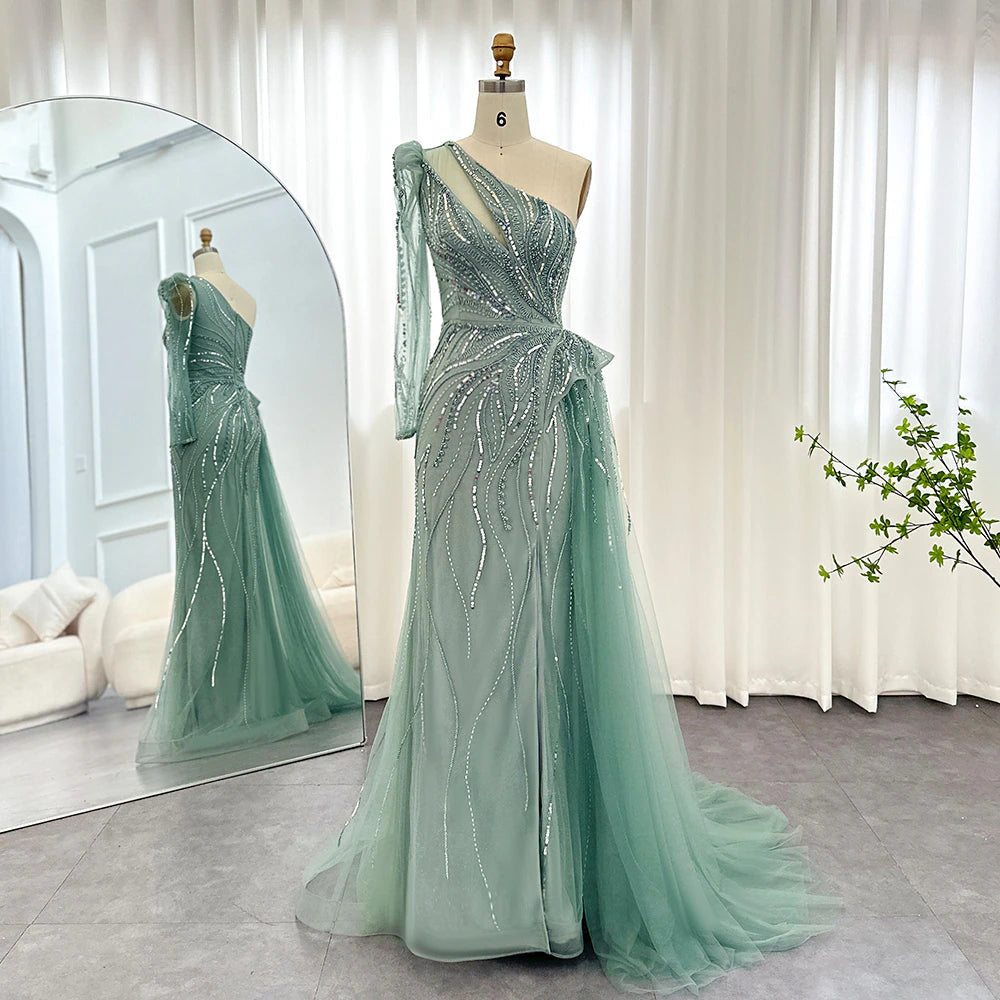 Dreamy Vow Luxury Dubai One Shoulder Mermaid Sage Green Evening Dresses with Overskirt Elegant Woman Wedding Party Gowns 160