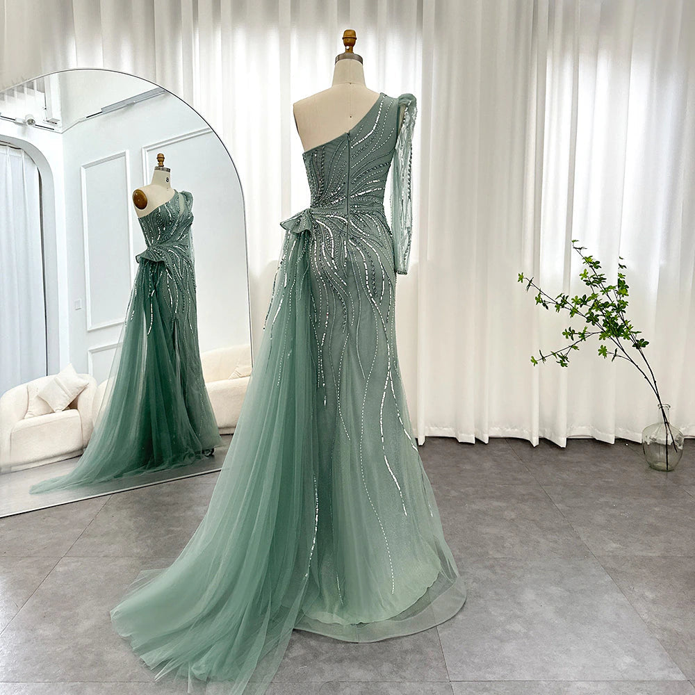 Dreamy Vow Luxury Dubai One Shoulder Mermaid Sage Green Evening Dresses with Overskirt Elegant Woman Wedding Party Gowns 160