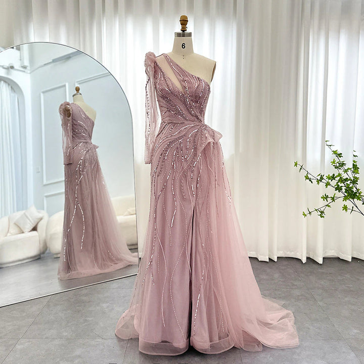 Dreamy Vow Luxury Dubai One Shoulder Mermaid Sage Green Evening Dresses with Overskirt Elegant Woman Wedding Party Gowns 160