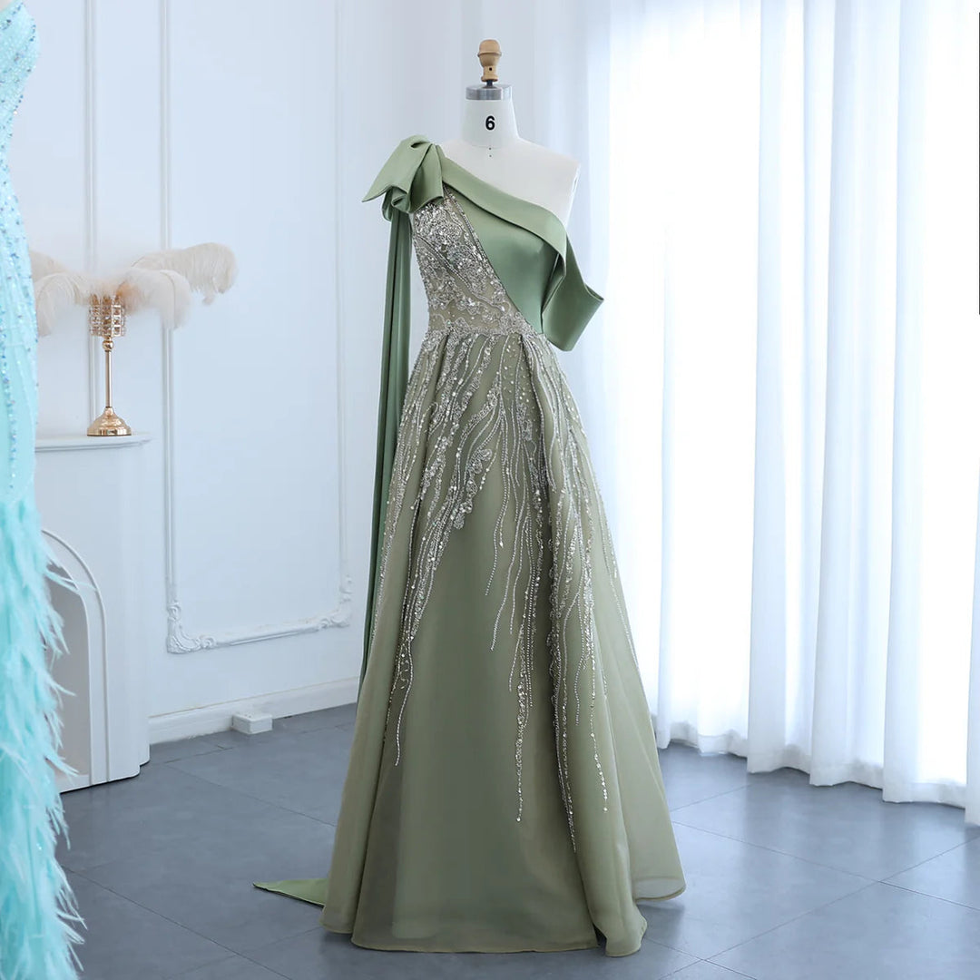 Dreamy Vow Luxury Dubai One Shoulder Olive Green Arabic Evening Dress with Cape Sleeves Side Slit Wedding Party Gowns SS323-DreamyVow