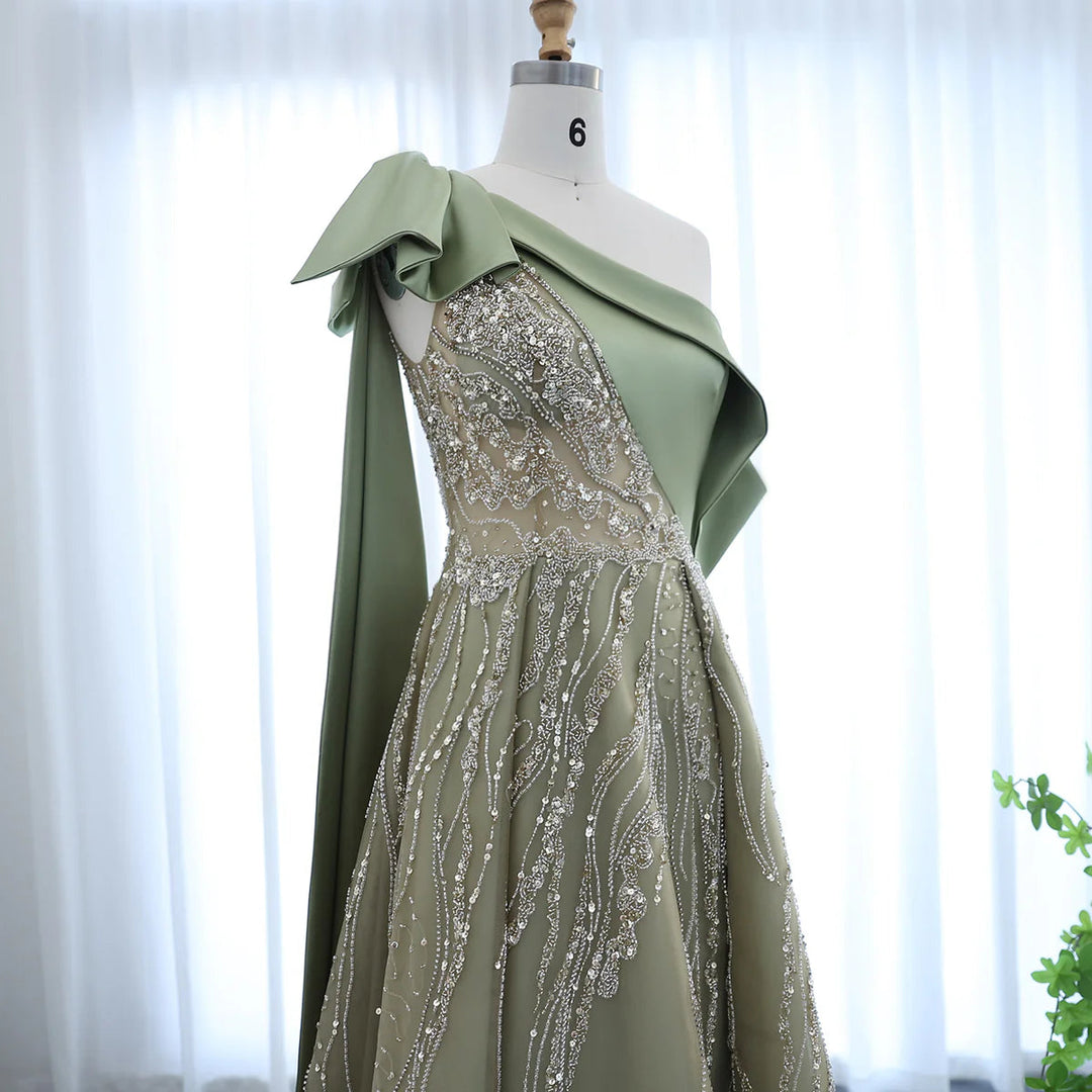 Dreamy Vow Luxury Dubai One Shoulder Olive Green Arabic Evening Dress with Cape Sleeves Side Slit Wedding Party Gowns SS323-DreamyVow