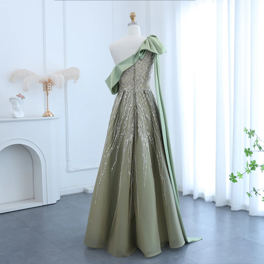 Dreamy Vow Luxury Dubai One Shoulder Olive Green Arabic Evening Dress with Cape Sleeves Side Slit Wedding Party Gowns SS323-DreamyVow