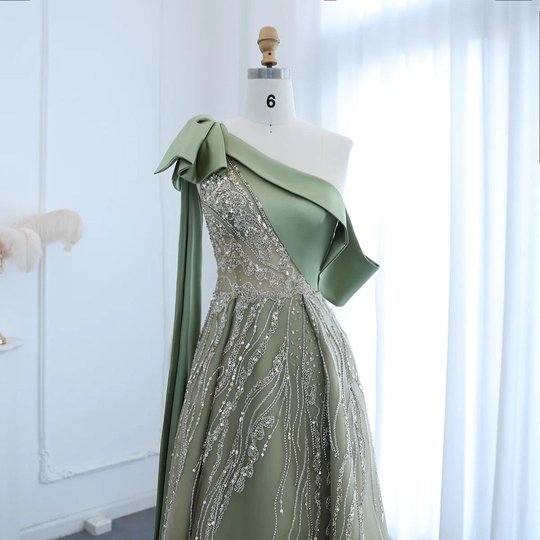 Dreamy Vow Luxury Dubai One Shoulder Olive Green Arabic Evening Dress with Cape Sleeves Side Slit Wedding Party Gowns SS323-DreamyVow