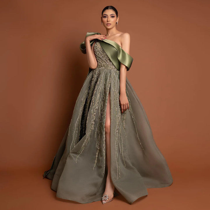 Dreamy Vow Luxury Dubai One Shoulder Olive Green Arabic Evening Dress with Cape Sleeves Side Slit Wedding Party Gowns SS323-DreamyVow