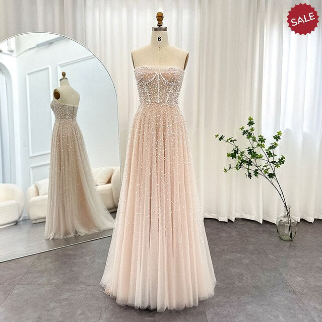 Dreamy Vow Luxury Dubai Pearls White Nude Arabic Evening Dresses with Gloves Elegant Women Wedding Bridal Party Gowns 373