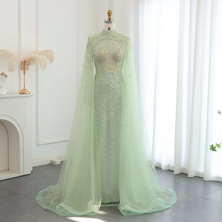 Dreamy Vow Luxury Dubai Pink Muslim Evening Dress with Cape Long Sleeves Mermaid Sage Green Arab Women Wedding Party Gown SS202-DreamyVow