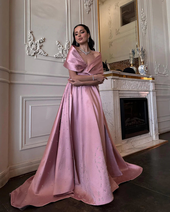 Dreamy Vow Luxury Dubai Pink Satin Evening Dresses with Train 2024 Elegant Off the Shoulder Arabic Women Wedding Party Gowns SS481-DreamyVow