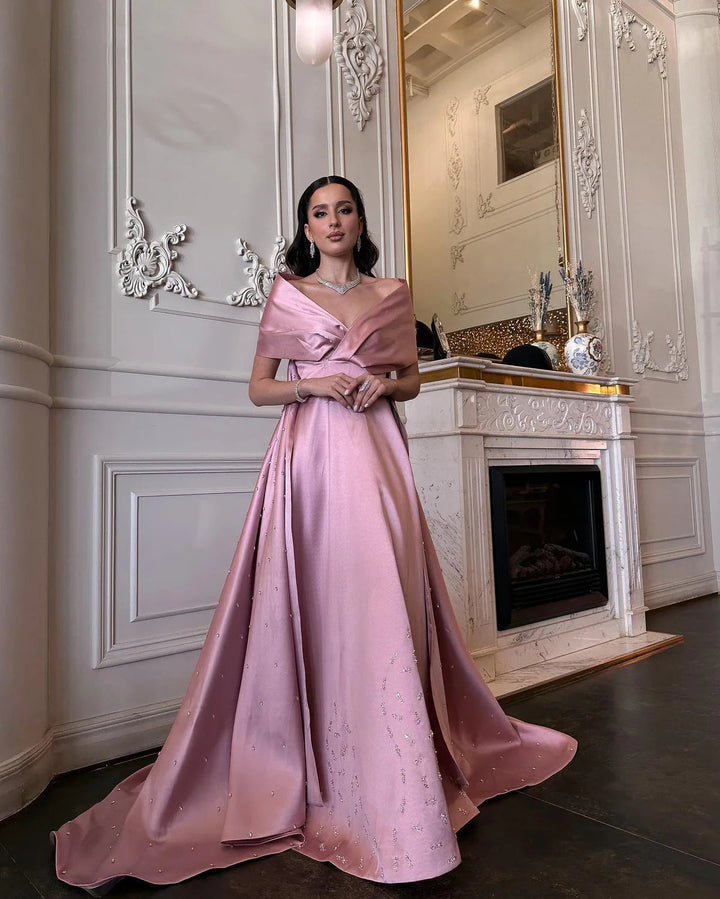 Dreamy Vow Luxury Dubai Pink Satin Evening Dresses with Train 2024 Elegant Off the Shoulder Arabic Women Wedding Party Gowns SS481-DreamyVow