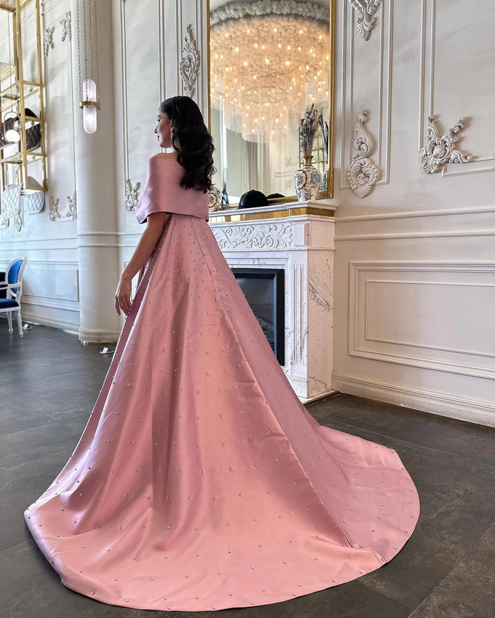 Dreamy Vow Luxury Dubai Pink Satin Evening Dresses with Train 2024 Elegant Off the Shoulder Arabic Women Wedding Party Gowns SS481-DreamyVow