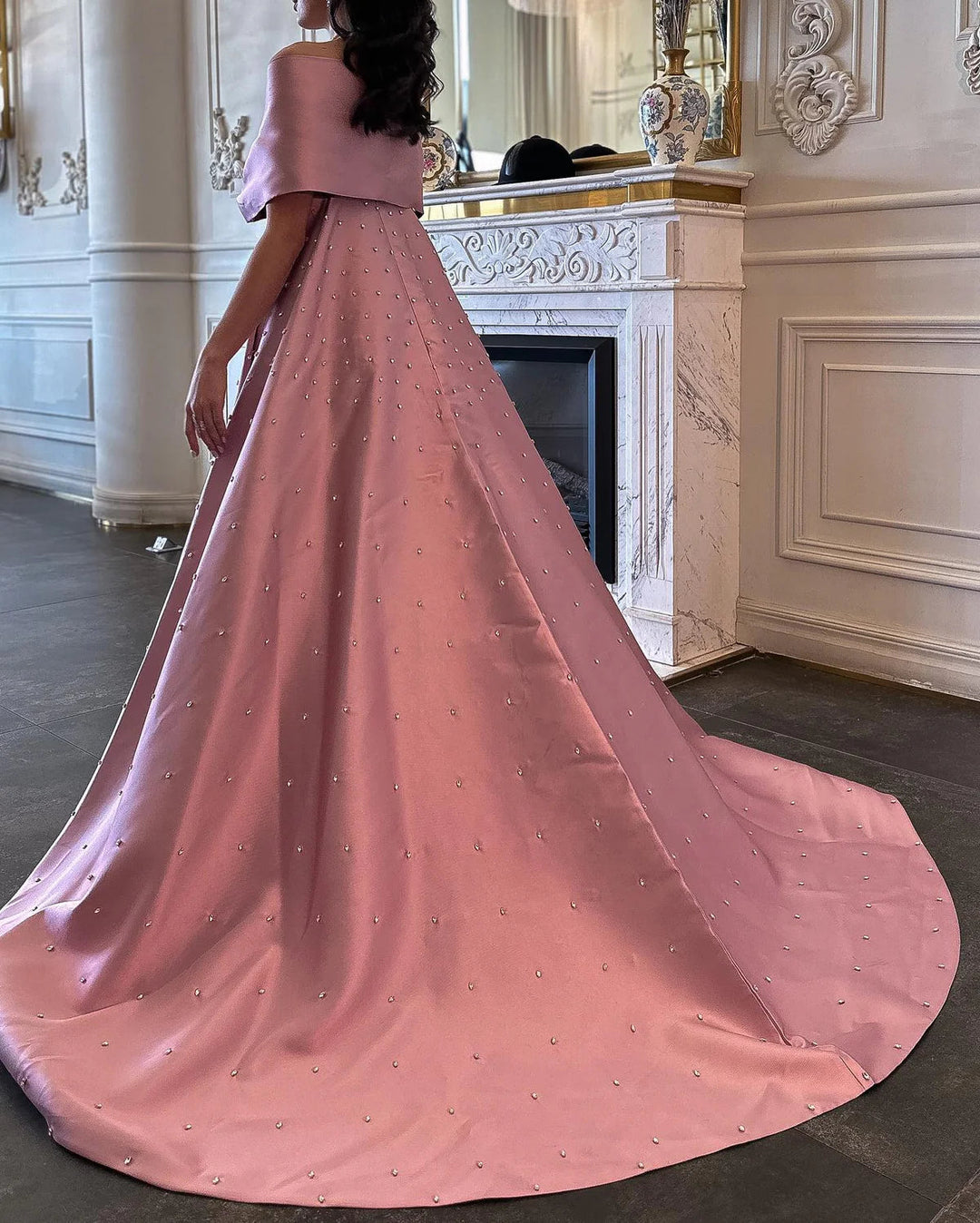 Dreamy Vow Luxury Dubai Pink Satin Evening Dresses with Train 2024 Elegant Off the Shoulder Arabic Women Wedding Party Gowns SS481-DreamyVow