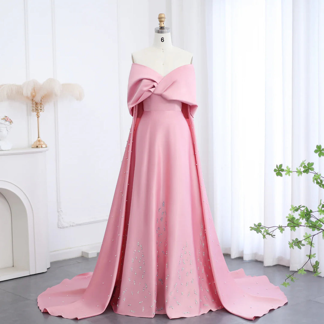 Dreamy Vow Luxury Dubai Pink Satin Evening Dresses with Train 2024 Elegant Off the Shoulder Arabic Women Wedding Party Gowns SS481-DreamyVow