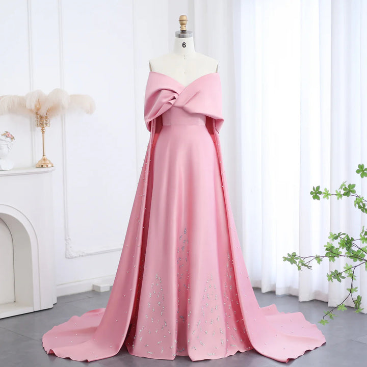 Dreamy Vow Luxury Dubai Pink Satin Evening Dresses with Train 2024 Elegant Off the Shoulder Arabic Women Wedding Party Gowns SS481-DreamyVow