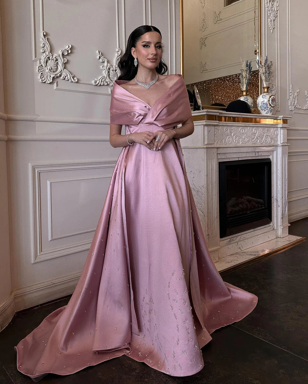 Dreamy Vow Luxury Dubai Pink Satin Evening Dresses with Train 2024 Elegant Off the Shoulder Arabic Women Wedding Party Gowns SS481-DreamyVow