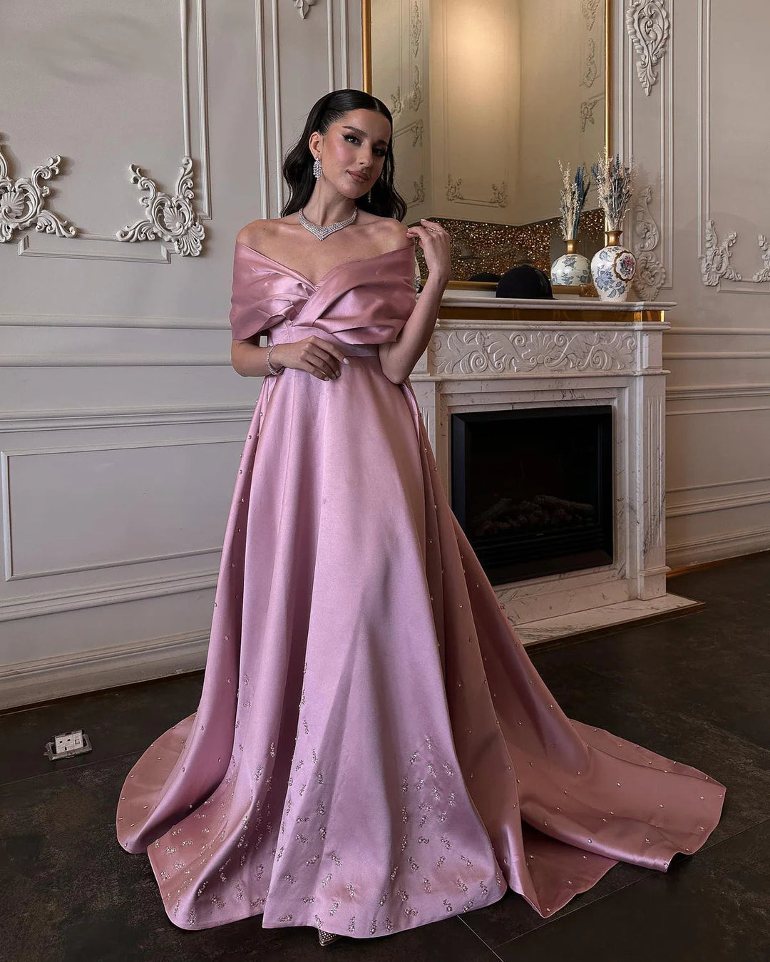 Dreamy Vow Luxury Dubai Pink Satin Evening Dresses with Train 2024 Elegant Off the Shoulder Arabic Women Wedding Party Gowns SS481-DreamyVow