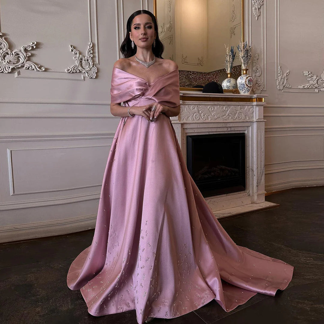 Dreamy Vow Luxury Dubai Pink Satin Evening Dresses with Train 2024 Elegant Off the Shoulder Arabic Women Wedding Party Gowns SS481-DreamyVow