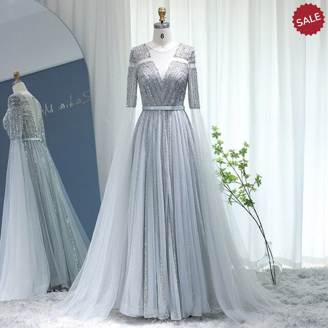 Dreamy Vow Luxury Dubai Silver Grey Evening Dresses with Cape Sleeves Arabic Champagne Muslim Wedding Formal Party Gowns SS068-DreamyVow