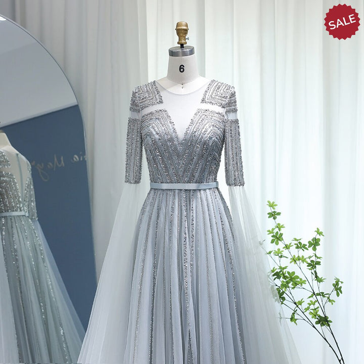 Dreamy Vow Luxury Dubai Silver Grey Evening Dresses with Cape Sleeves Arabic Champagne Muslim Wedding Formal Party Gowns SS068-DreamyVow