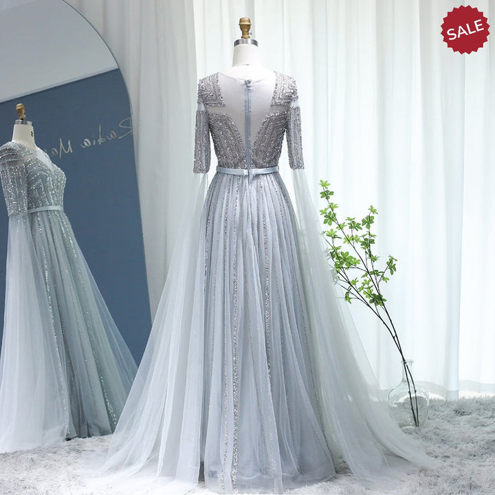 Dreamy Vow Luxury Dubai Silver Grey Evening Dresses with Cape Sleeves Arabic Champagne Muslim Wedding Formal Party Gowns SS068-DreamyVow