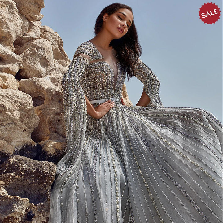 Dreamy Vow Luxury Dubai Silver Grey Evening Dresses with Cape Sleeves Arabic Champagne Muslim Wedding Formal Party Gowns SS068-DreamyVow