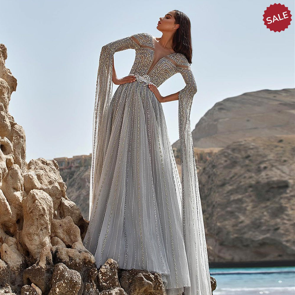 Dreamy Vow Luxury Dubai Silver Grey Evening Dresses with Cape Sleeves Arabic Champagne Muslim Wedding Formal Party Gowns SS068-DreamyVow