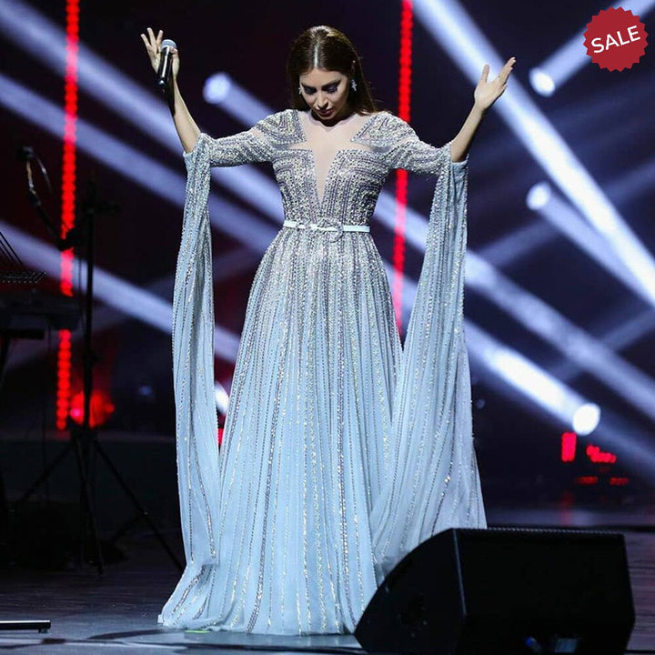 Dreamy Vow Luxury Dubai Silver Grey Evening Dresses with Cape Sleeves Arabic Champagne Muslim Wedding Formal Party Gowns SS068-DreamyVow