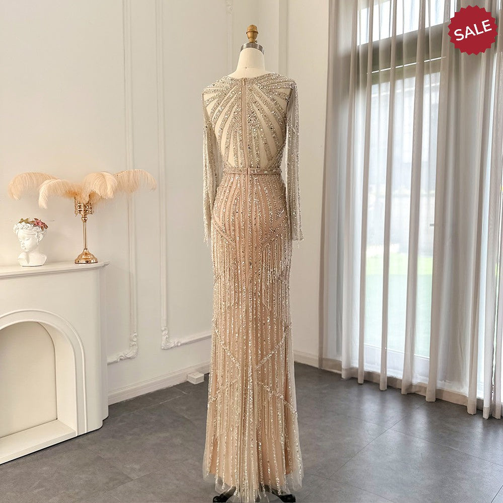 Dreamy Vow Luxury Dubai Tassel Silver Nude Mermaid Evening Dress for Women Wedding Party Long Sleeve African Prom Dresses 214