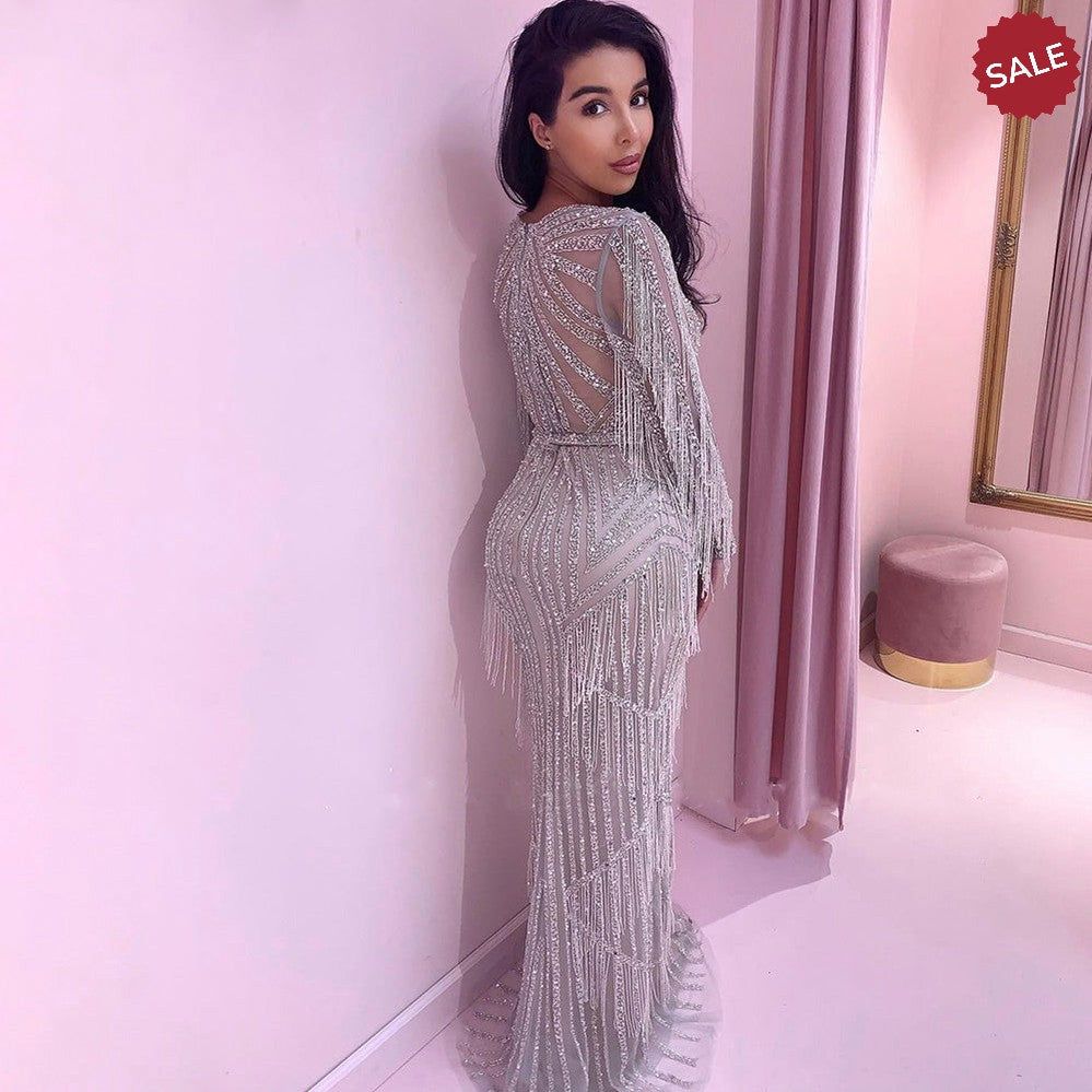 Dreamy Vow Luxury Dubai Tassel Silver Nude Mermaid Evening Dress for Women Wedding Party Long Sleeve African Prom Dresses 214