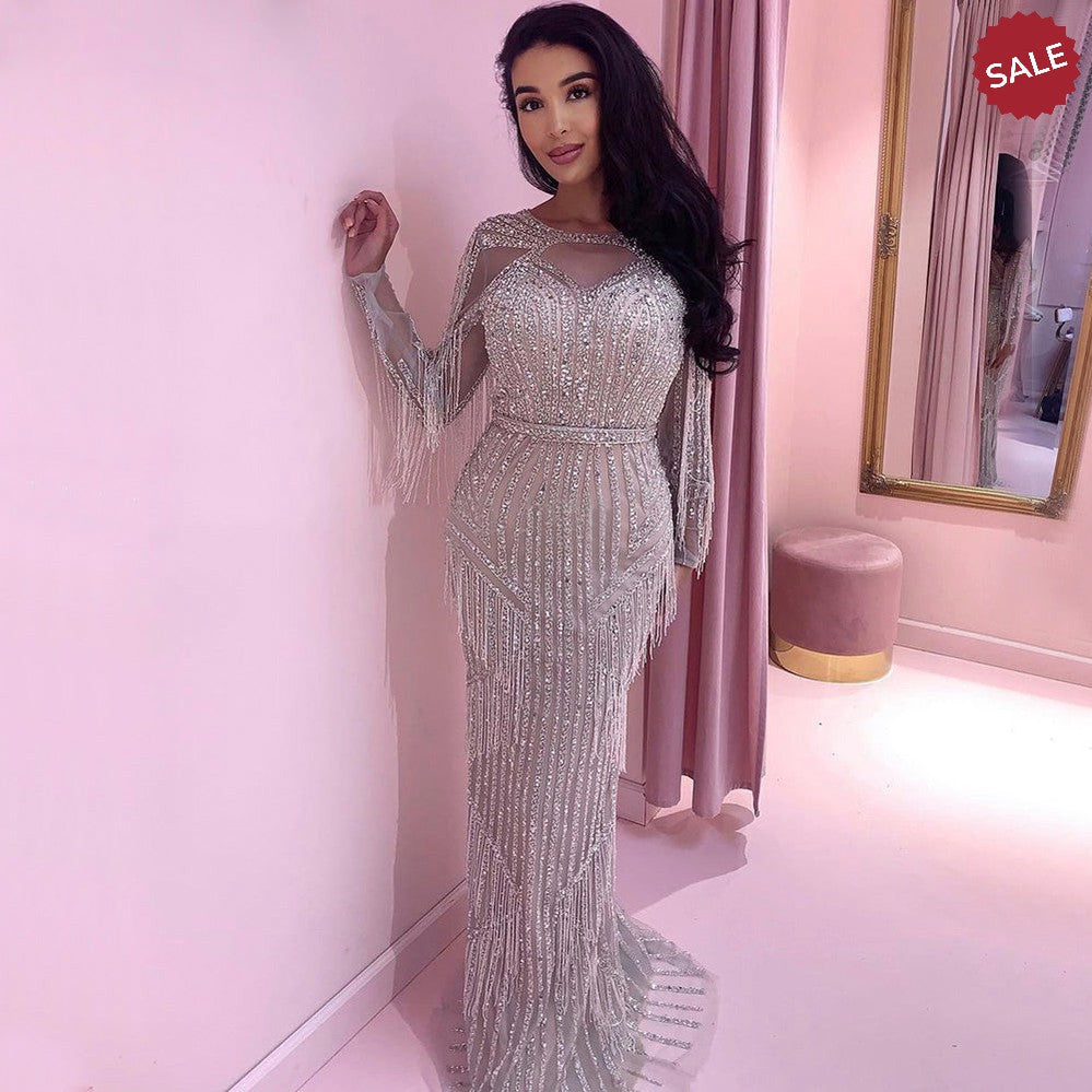 Dreamy Vow Luxury Dubai Tassel Silver Nude Mermaid Evening Dress for Women Wedding Party Long Sleeve African Prom Dresses 214