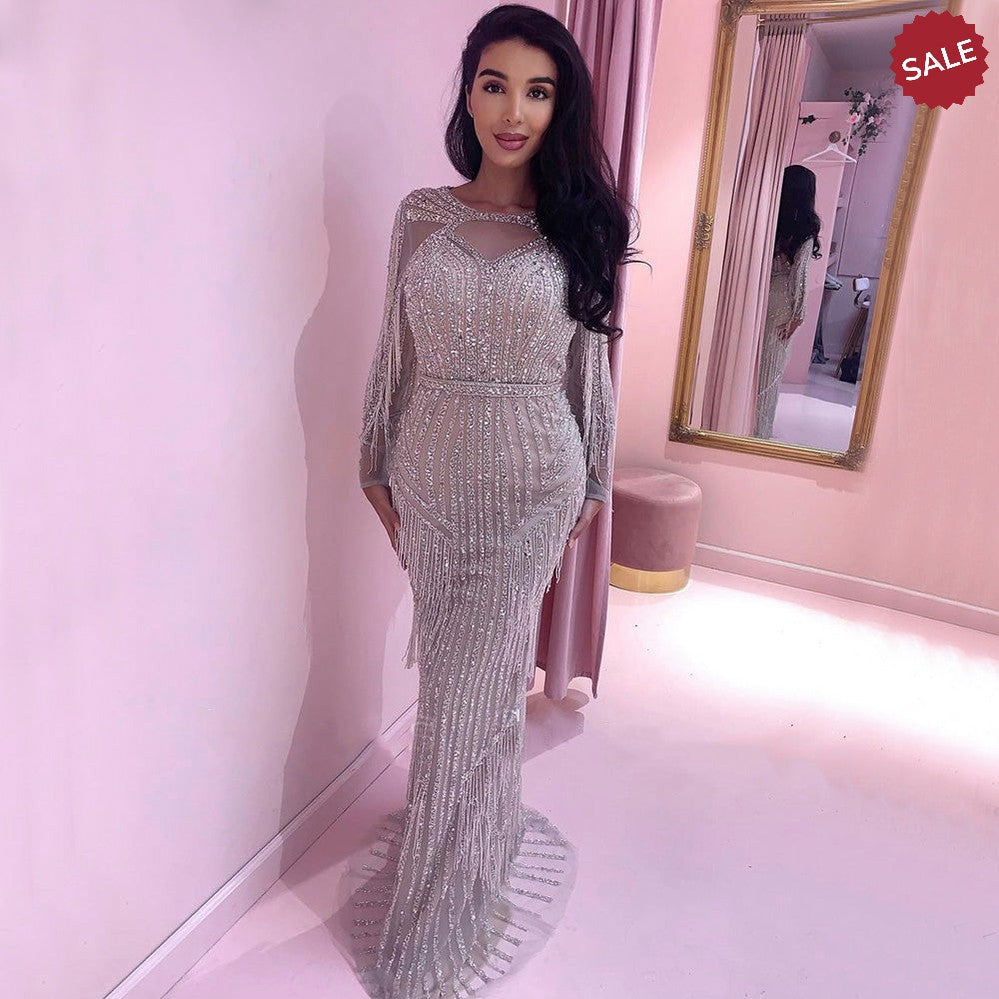 Dreamy Vow Luxury Dubai Tassel Silver Nude Mermaid Evening Dress for Women Wedding Party Long Sleeve African Prom Dresses 214