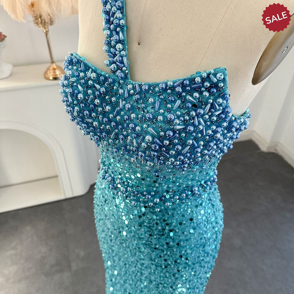 Dreamy Vow Luxury Dubai Turquoise Blue Mermaid Evening Dresses for Women Wedding One Shoulder Arabic Formal Party Gowns 336