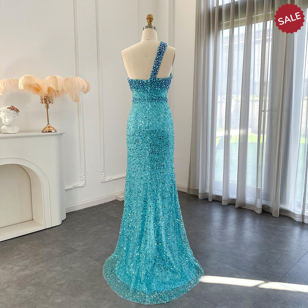 Dreamy Vow Luxury Dubai Turquoise Blue Mermaid Evening Dresses for Women Wedding One Shoulder Arabic Formal Party Gowns 336