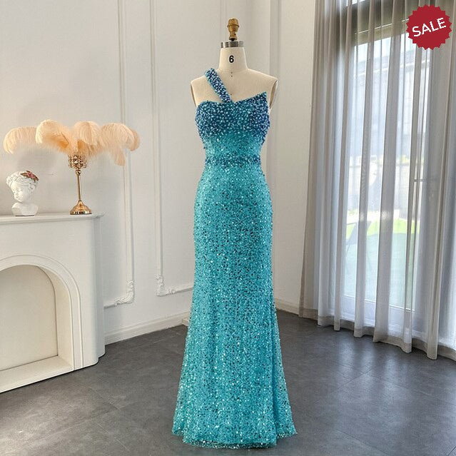 Dreamy Vow Luxury Dubai Turquoise Blue Mermaid Evening Dresses for Women Wedding One Shoulder Arabic Formal Party Gowns 336