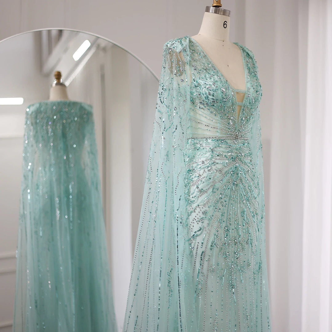 Dreamy Vow Luxury Dubai Turquoise Mermaid Evening Dresses with Cape V-Neck Arabic Silver Grey Wedding Formal Party Gowns SS397-DreamyVow