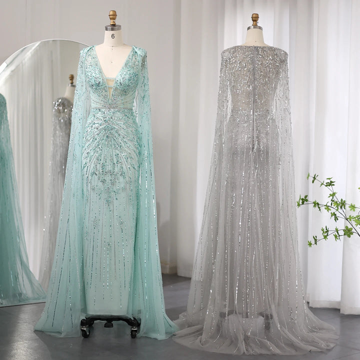 Dreamy Vow Luxury Dubai Turquoise Mermaid Evening Dresses with Cape V-Neck Arabic Silver Grey Wedding Formal Party Gowns SS397-DreamyVow