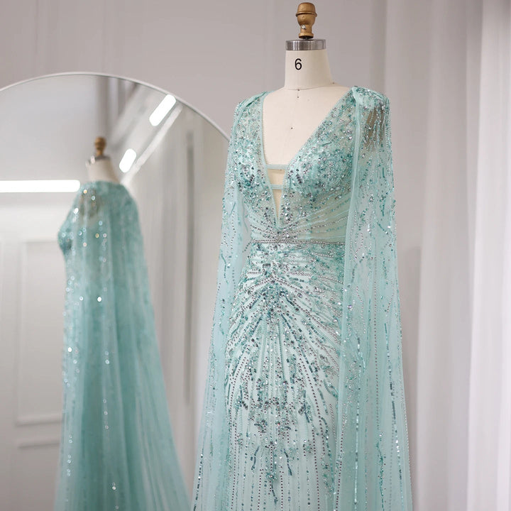 Dreamy Vow Luxury Dubai Turquoise Mermaid Evening Dresses with Cape V-Neck Arabic Silver Grey Wedding Formal Party Gowns SS397-DreamyVow