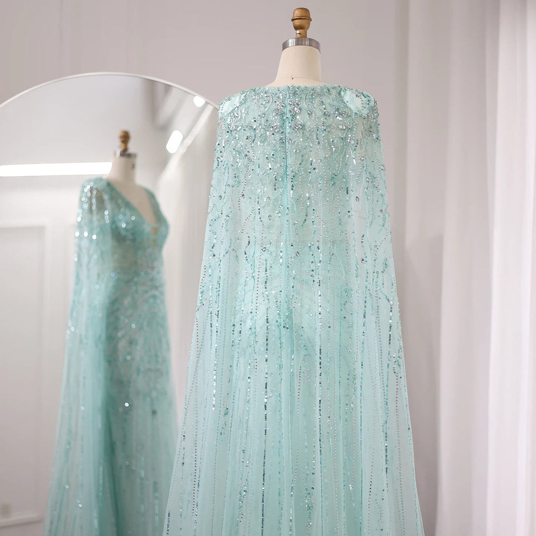 Dreamy Vow Luxury Dubai Turquoise Mermaid Evening Dresses with Cape V-Neck Arabic Silver Grey Wedding Formal Party Gowns SS397-DreamyVow