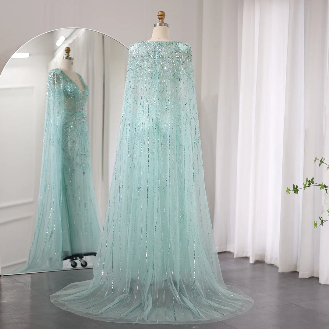 Dreamy Vow Luxury Dubai Turquoise Mermaid Evening Dresses with Cape V-Neck Arabic Silver Grey Wedding Formal Party Gowns SS397-DreamyVow