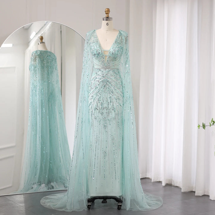 Dreamy Vow Luxury Dubai Turquoise Mermaid Evening Dresses with Cape V-Neck Arabic Silver Grey Wedding Formal Party Gowns SS397-DreamyVow