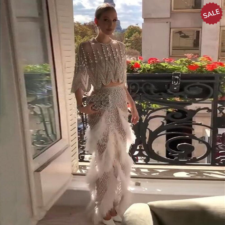 DreamyVow Luxury Dubai White Feathers Two Pieces Evening Dresses for Women Wedding Beaded Midi Short Prom Party Gowns 363