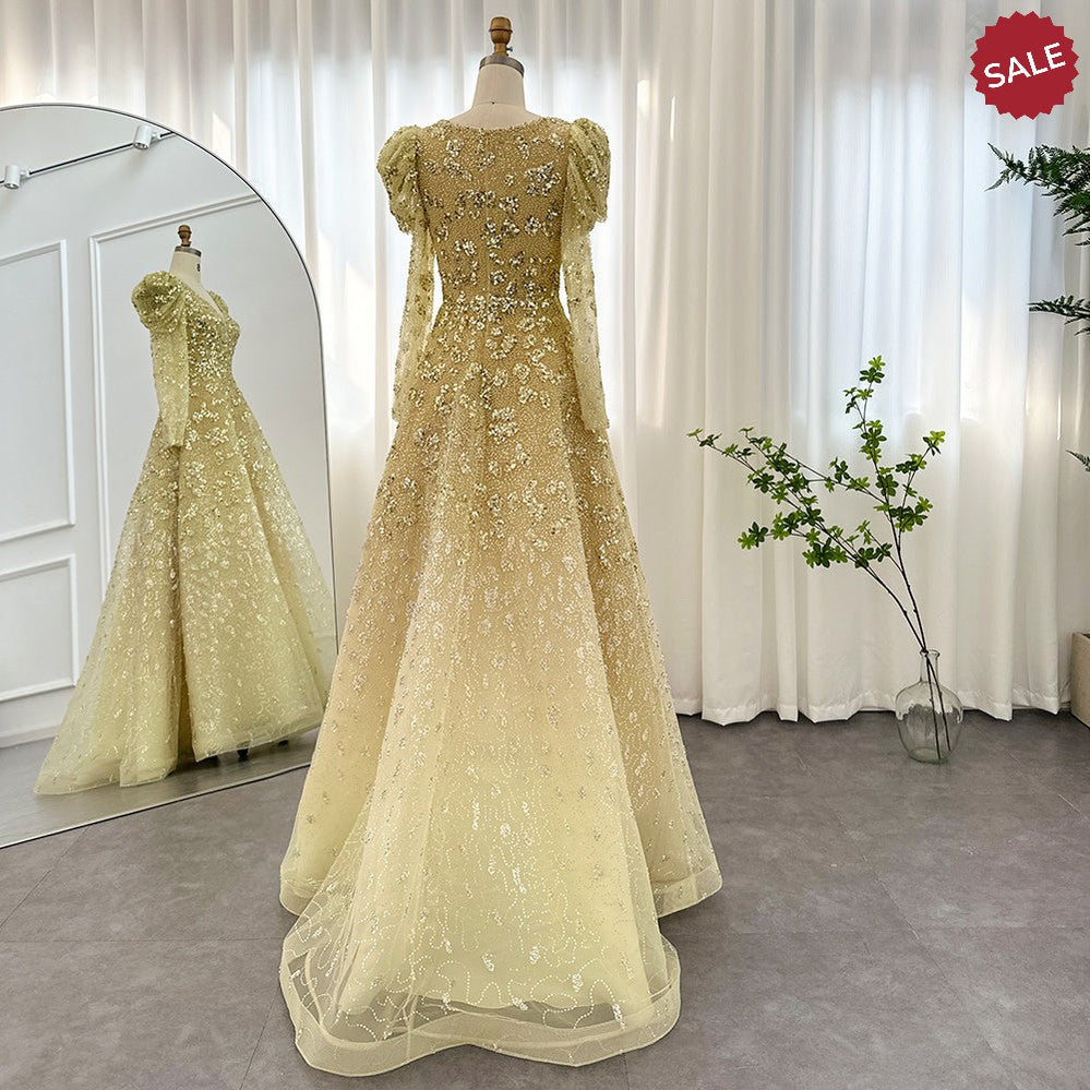 Dreamy Vow Luxury Dubai Yellow Arabic Evening Dress 2023 Elegant Long Sleeve Blue Muslim Women Wedding Formal Party Gowns 291