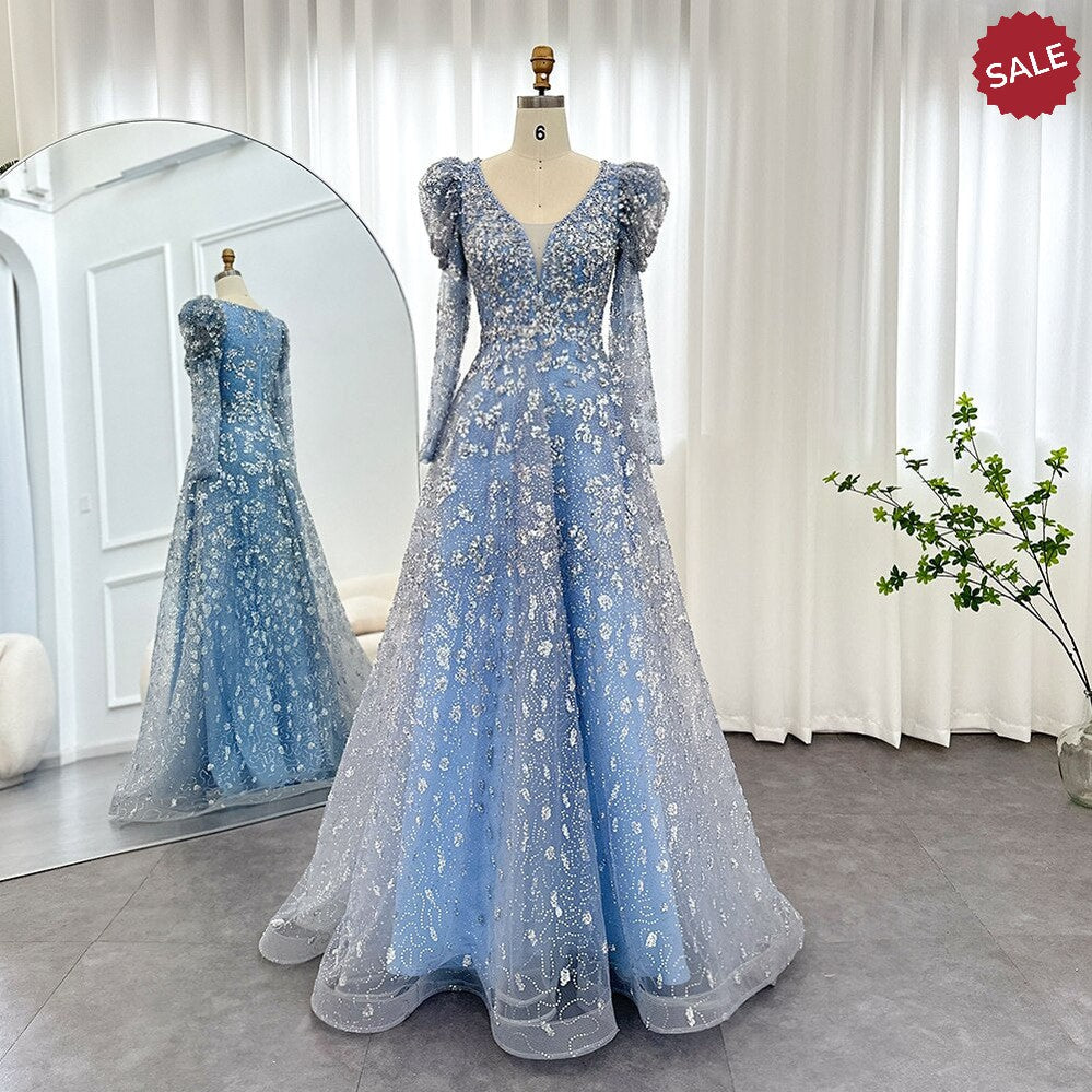 Dreamy Vow Luxury Dubai Yellow Arabic Evening Dress 2023 Elegant Long Sleeve Blue Muslim Women Wedding Formal Party Gowns 291