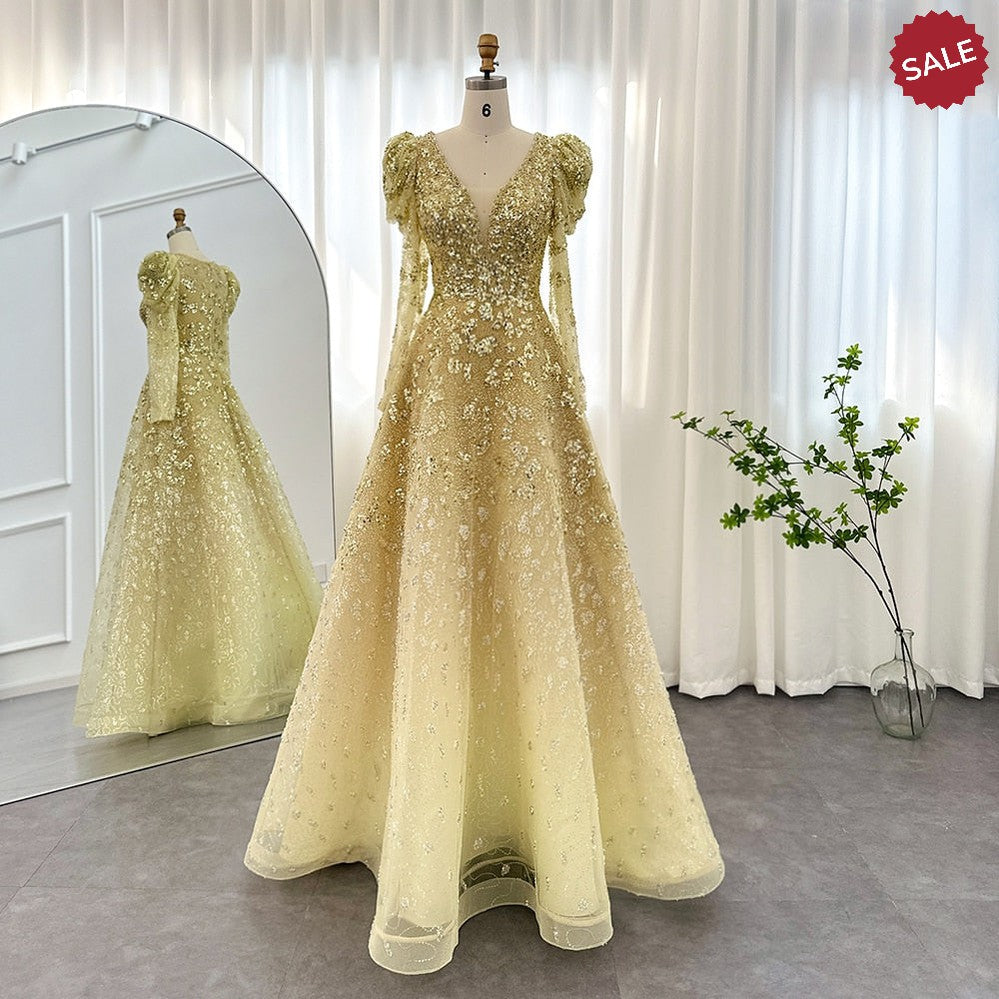 Dreamy Vow Luxury Dubai Yellow Arabic Evening Dress 2023 Elegant Long Sleeve Blue Muslim Women Wedding Formal Party Gowns 291