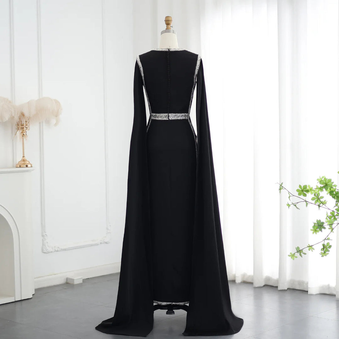 Dreamy Vow Luxury Embroidered Beaded Black Evening Dress with Cape Sleeves Dubai Women Wedding Party Gowns SS487-DreamyVow