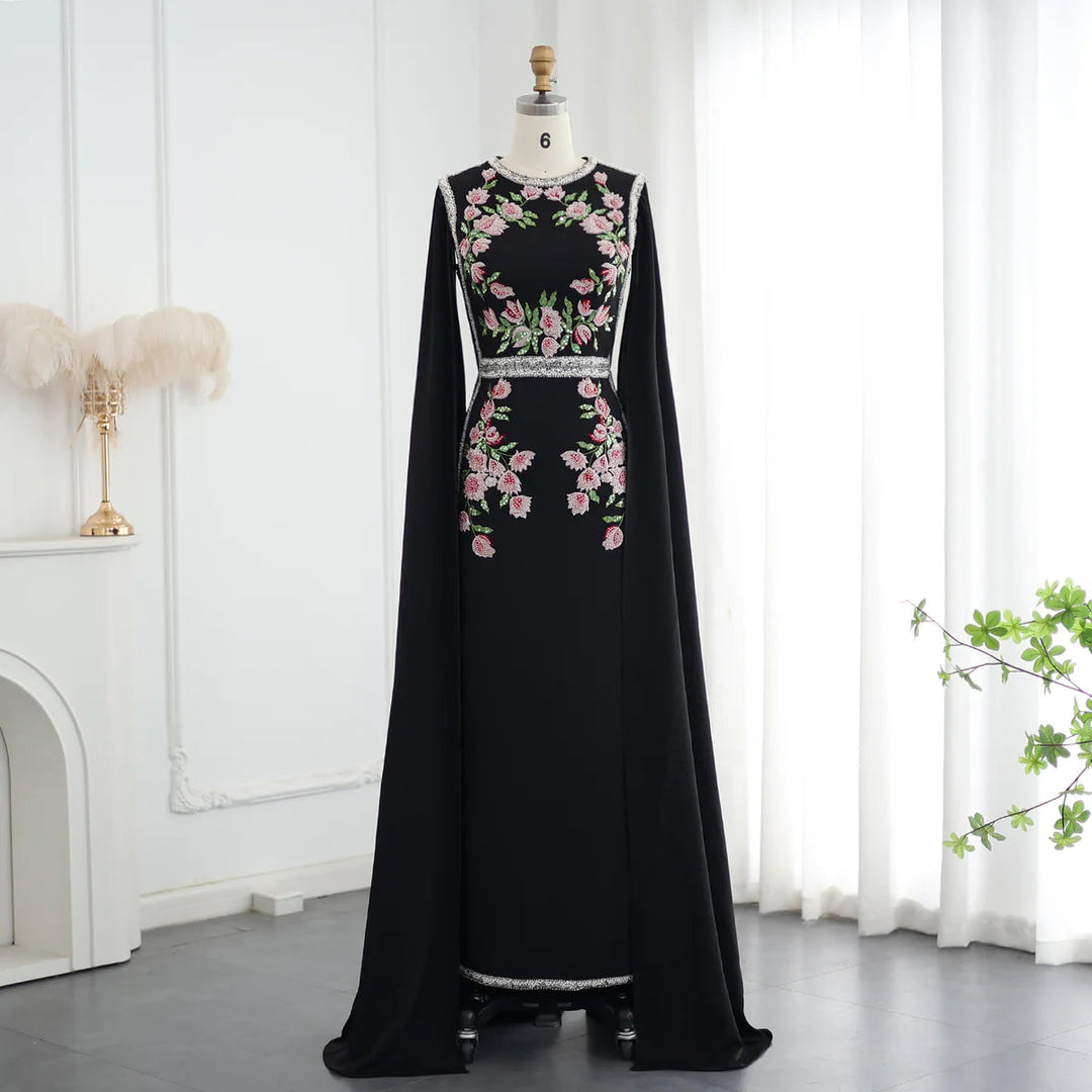 Dreamy Vow Luxury Embroidered Beaded Black Evening Dress with Cape Sleeves Dubai Women Wedding Party Gowns SS487-DreamyVow