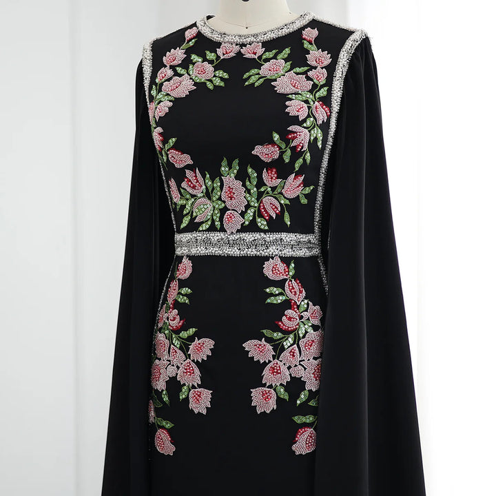 Dreamy Vow Luxury Embroidered Beaded Black Evening Dress with Cape Sleeves Dubai Women Wedding Party Gowns SS487-DreamyVow