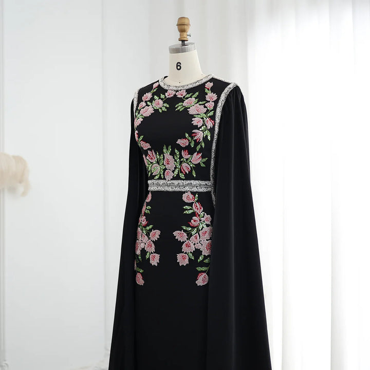 Dreamy Vow Luxury Embroidered Beaded Black Evening Dress with Cape Sleeves Dubai Women Wedding Party Gowns SS487-DreamyVow