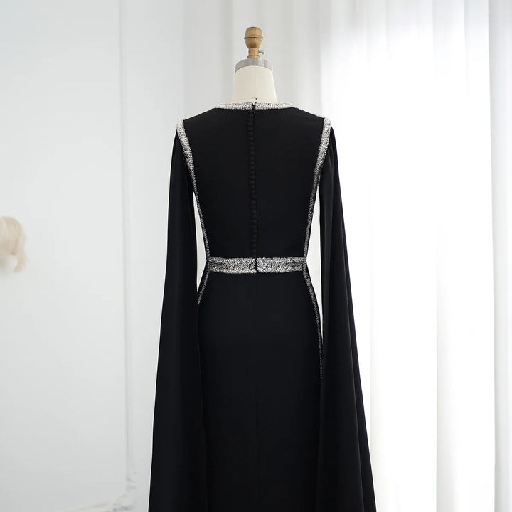 Dreamy Vow Luxury Embroidered Beaded Black Evening Dress with Cape Sleeves Dubai Women Wedding Party Gowns SS487-DreamyVow