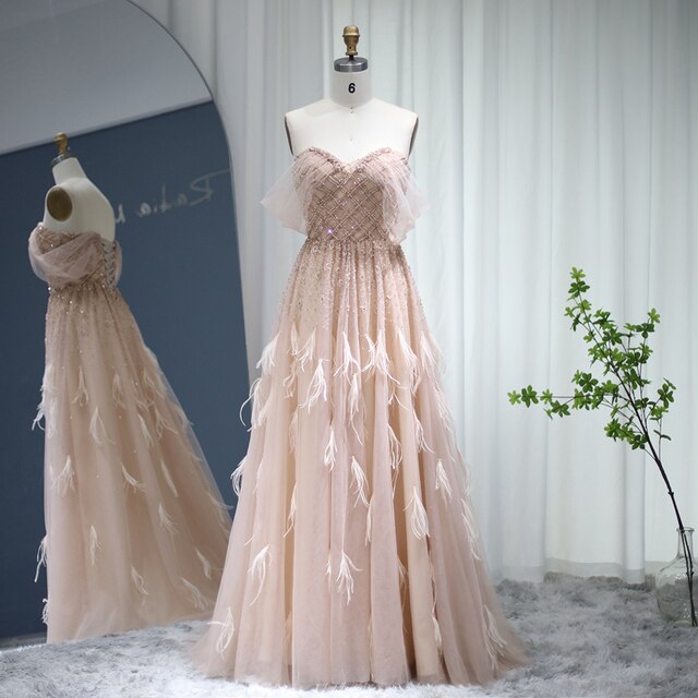 Dreamy Vow Luxury Feather Pink Dubai Evening Dresses Elegant Off Shoulder Beaded Champagne Formal Dress for Women Wedding 278